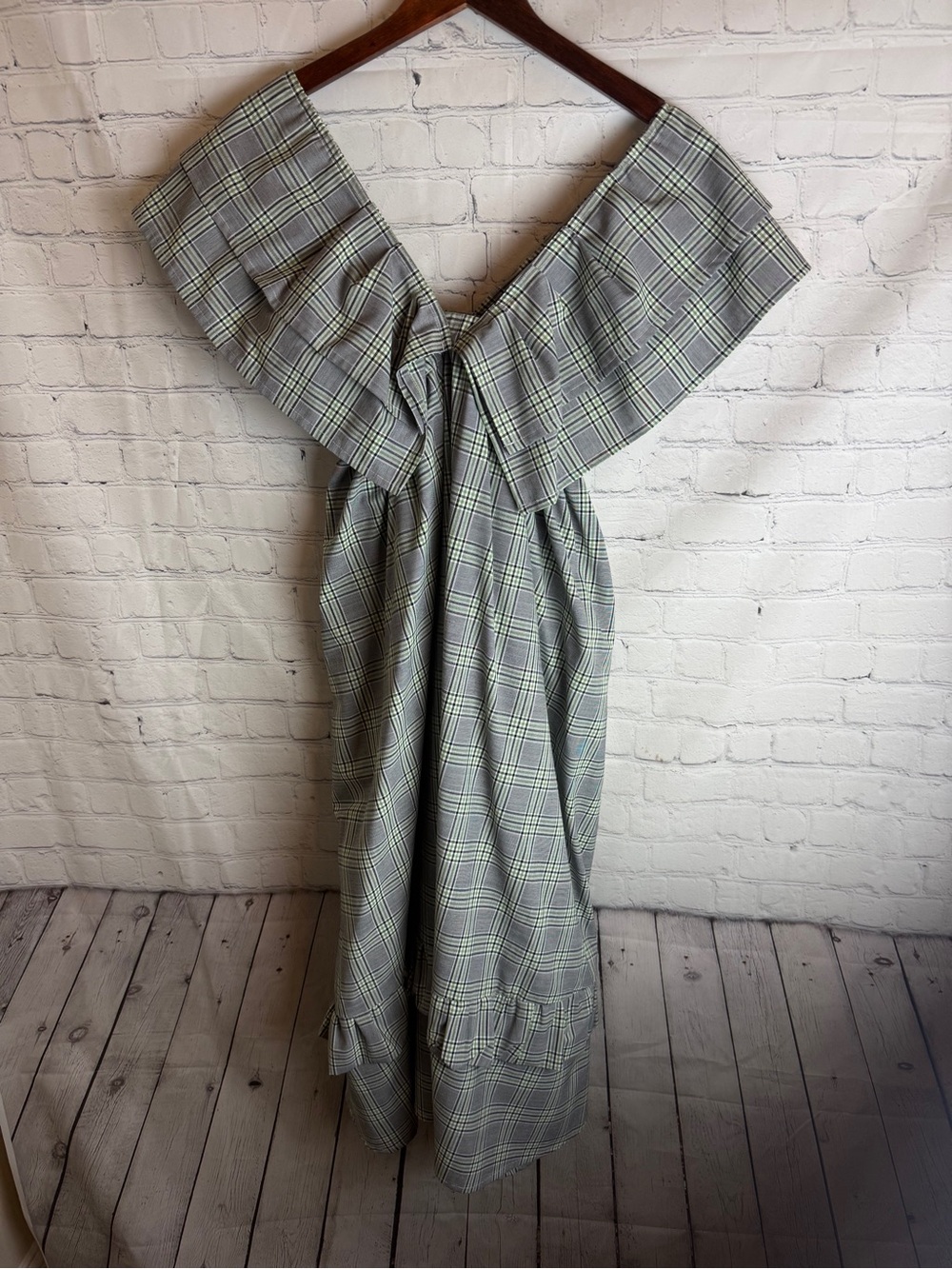 Mecla One-Shoulder Plaid Midi Dress in Green and Gray Medium